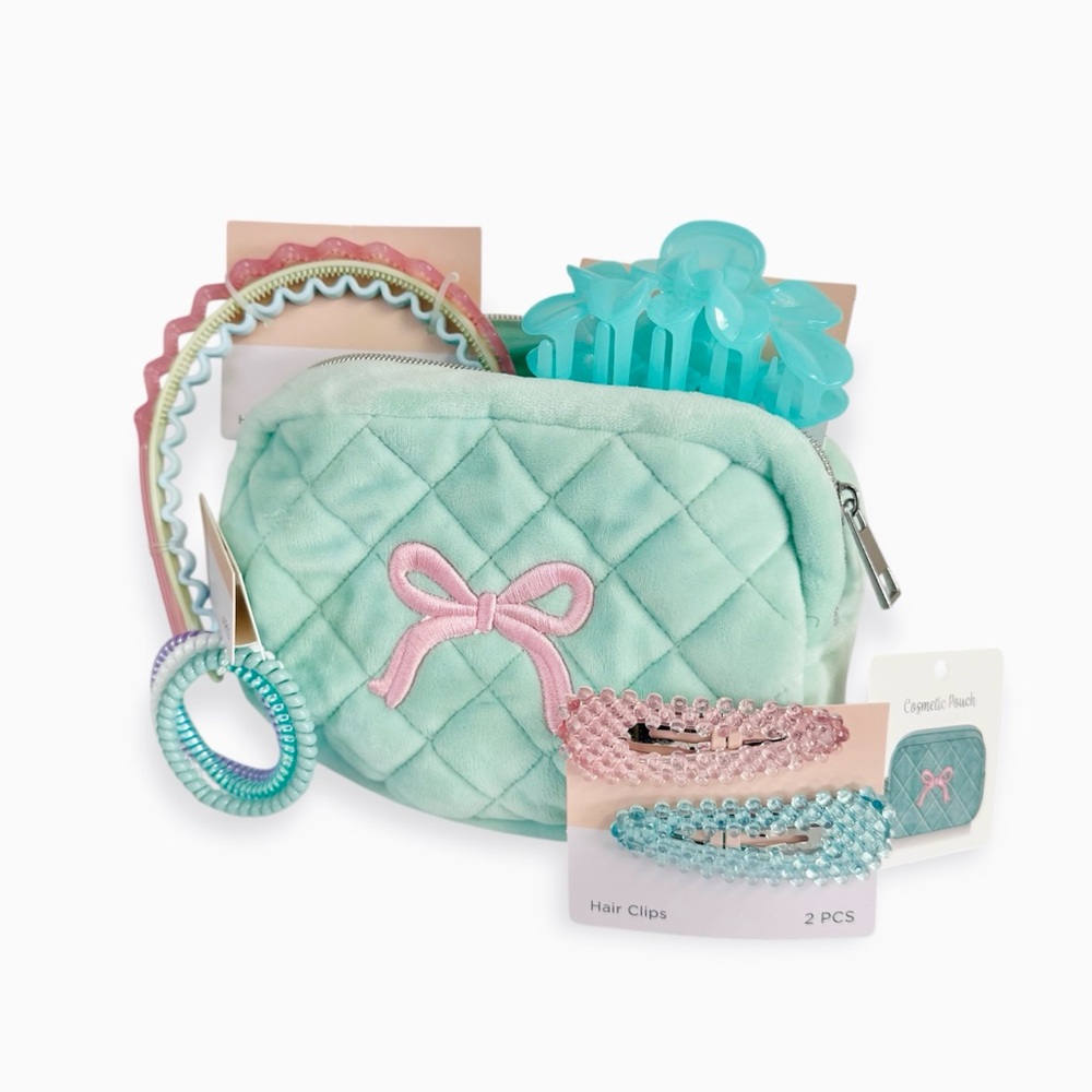 Velvet Bow Cosmetic Case with Hair Accessories Gift Set in Pink Blue NWT